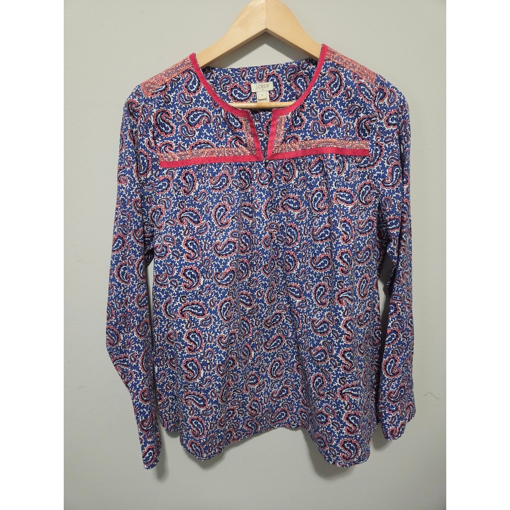 JCrew Womens Blue Pink Paisley Long Sleeve Cotton Blouse E6601 Size M